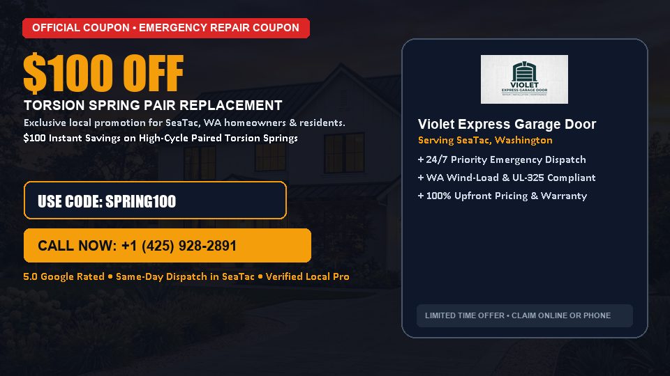 $100 OFF Dual High-Cycle Torsion Spring Replacement in SeaTac, WA - Violet Express Garage Door